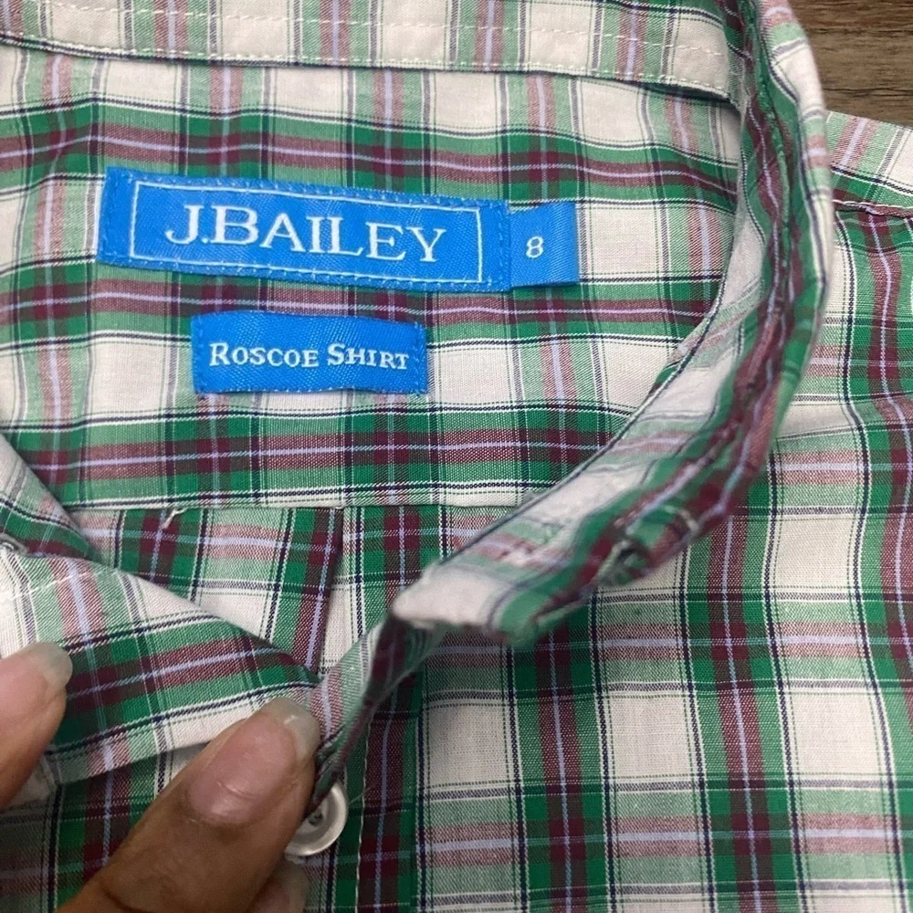 J.Bailey Roscoe plaid stripe long sleeve button down boy shirt green white plaid